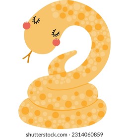 Cute funny snake coiled up cartoon character illustration. Hand drawn Scandinavian style flat design, isolated vector. Tropical animal, jungle wildlife, safari, nature, kids print element