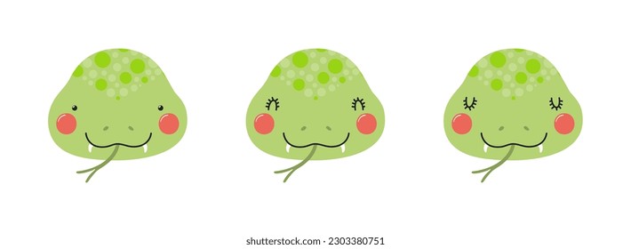 Cute funny snake faces illustrations set. Hand drawn cartoon character. Scandinavian style flat design, isolated vector. Kids print element, poster, card, wildlife, nature, baby animals