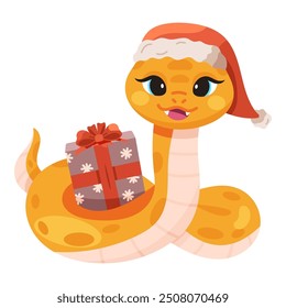 Serpiente divertida linda con regalo de vacaciones. Serpiente del año Nuevo aislado en el fondo blanco. Símbolo chino del Año Nuevo 2025, mascota de CNY, carácter animal en sombrero de Santa. Animal lunar asiático. Personajes amigables 