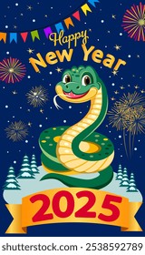 Cute funny snake lettering happy new year 2025 banner flyer colorful greeting card Vector