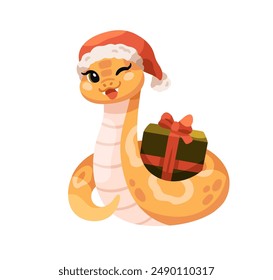 Cute funny snake in Santa hat. Happy Chinese New Year mascot with holiday gift, box, festive present. Kawaii Asian character. Kids flat cartoon vector illustration isolated on white background