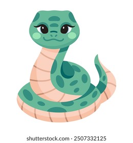 Linda serpiente divertida, sonriente. Serpientes kawaii. Ilustraciones vectoriales planas para niños. Cobra alegre y emocionada. Ilustración vectorial gráfica plana infantil aislada sobre fondo blanco