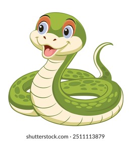 Uma cobra engraçada e bonita, sorrindo. Réptil e animal verde. Serpente kawaii sorridente.  Ilustração de vetor de desenhos animados isolada sobre fundo branco