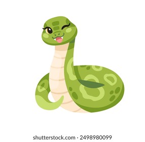 Cute funny snake, smiling and winking. Adorable cartoon character, happy cheerful excited cobra. Kawaii baby python, viper. Kids childish flat graphic vector illustration isolated on white background