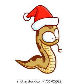 Cute and funny snake wearing Santa's hat and smiling - vector.