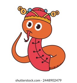 Cute funny snakes character vector. Chinese new year symbol, happy snake character mascot in Chinese costume, hat. Year of the snake illustration for greeting card, sticker, calendar, background.