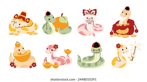 Cute funny snakes element vector set. Chinese new year symbol, snake with lion dance costume, orange, gold coin, firecracker. Year of the snake illustration for greeting card, sticker, background.