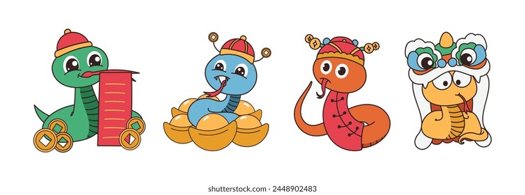 Cute funny snakes element vector set. Chinese new year symbol, happy snake character in lion dance costume, gold coin. Year of the snake illustration for greeting card, sticker, calendar, background.