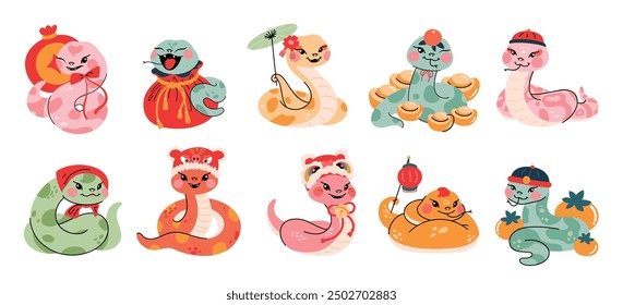 Cute funny snakes element vector set. Chinese new year symbol, happy snake character in lion dance costume, hat, coin. Year of the snake illustration for greeting card, sticker, calendar, background.