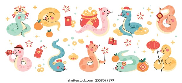 Cute funny snakes element vector set. Chinese new year symbol, happy snake character in costume, hat, coin, money. Year of the snake illustration for greeting card, sticker, calendar, background.