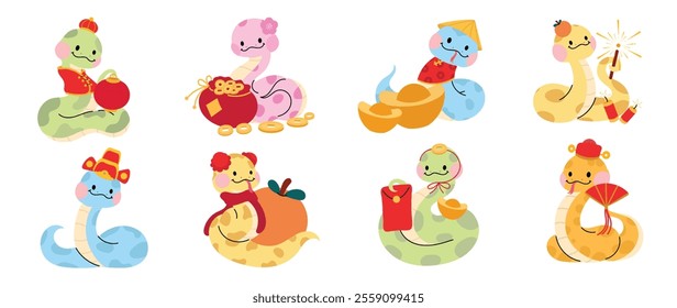 Cute funny snakes element vector set. Chinese new year symbol, happy snake character in costume, hat, coin, money. Year of the snake illustration for greeting card, sticker, calendar, background.