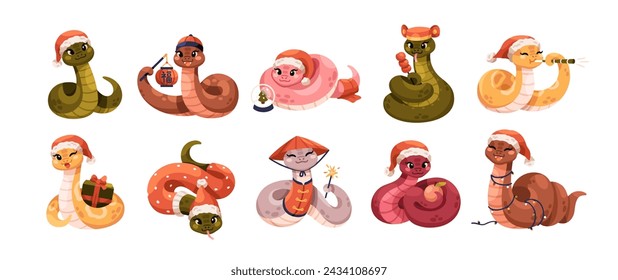 Cute funny snakes set. Chinese 2025 New Year symbol, happy animal character mascot in Santa hat. Smiling kawaii serpent, viper. Kids flat cartoon vector illustrations isolated on white background