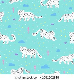 Cute Funny Snow Leopard Seamless Pattern. Vector Hand Drawn Illustration