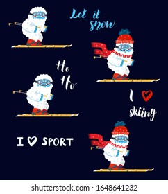 Cute and funny snow yeti skiing vector set. I love sport and skiing. Happy cartoon yeti with red winter hat and scarf. Winter holidays and activities.