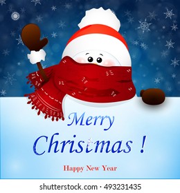 Cute, funny Snowman with big signboard text Merry Christmas and Happy new year, falling snow, snowflakes. Vector cartoon illustration.