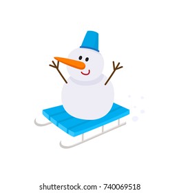 Cute, funny snowman with carrot nose and bucket hat riding a sled, cartoon vector illustration isolated on white background. Cartoon style snowman with carrot nose and bucket hat riding a sled, sleigh