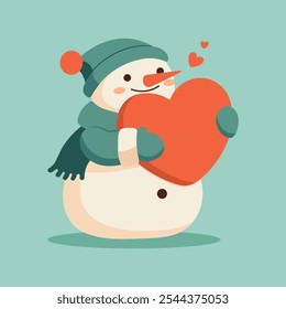 Cute funny snowman in cartoon style. Snowman in a hat, scarf and warm gloves holds red heart. Winter symbol. Christmas flat vector illustration isolated on green background.