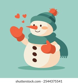 Cute funny snowman in cartoon style. Snowman in a hat, scarf and warm gloves. Winter symbol. Christmas flat vector illustration isolated on green background.