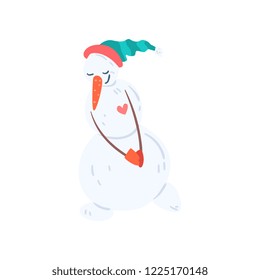 Cute funny snowman character inn a hat and mittens, Christmas and New Year holidays decoration element vector Illustration on a white background