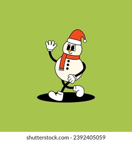 Cute and funny snowman in groovy retro style. Vector illustration in isolated background. Vintage mascot character