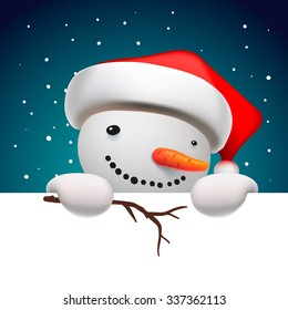 Cute funny snowman holding white page, greeting Christmas card, vector illustration.