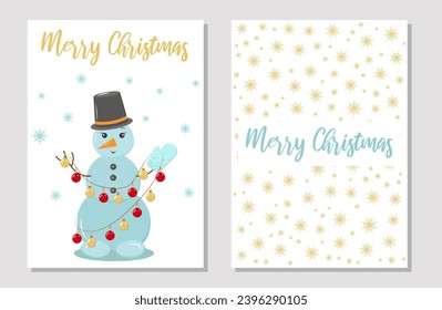 Cute funny snowman Holiday greeting Card template. Snowman with a black hat and colored garland. Vector illustration.