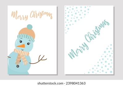 Cute funny snowman Holiday greeting Card template. Snowman in a knitted hat and scarf. Branch arms. Vector illustration.