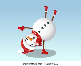Cute Funny Snowman isolated on blue background.  Merry Christmas and happy new year. decorative element on holiday. Vector illustration.