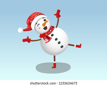 Cute Funny Snowman isolated on blue background.  Merry Christmas and happy new year. decorative element on holiday. Vector illustration.