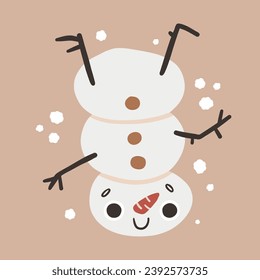 Cute funny snowman upside down. Merry Christmas and Happy new year illustration for advent calendar. Cute winter illustration. Vector illustration.