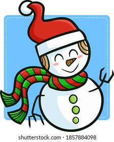 Cute and funny snowman wearing Santa's hat for Christmas smiling happily