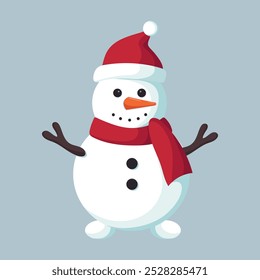 Boneco de neve engraçado bonito em roupas de inverno e decoração. Feliz Natal e cartaz de boas-vindas de ano novo. Ilustração vetorial.	