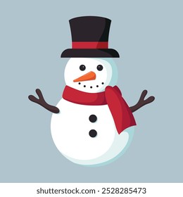 Cute funny Snowman in winter clothes and decor. Merry Christmas and happy new year greeting poster. Vector illustration.	