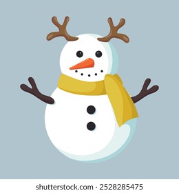 Cute funny Snowman in winter clothes and decor. Merry Christmas and happy new year greeting poster. Vector illustration.	