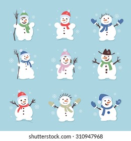 Cute and funny snowmen. Christmas illustrations. Vector set icons