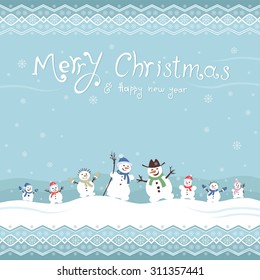 Cute and funny snowmen. Template Christmas cards. vector illustrations