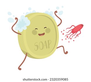Cute funny soap character and bacteria running away. Personal hygiene, simple way to virus prevention cartoon vector illustration