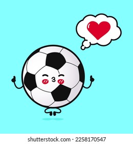 Cute lustige Fußball-Ball mit Yoga mit Sprache Blase. Vektorhandgezeichnete Cartoons kawaii Zeichentricksymbol. Einzeln auf blauem Hintergrund. Fußball in Liebescharakter