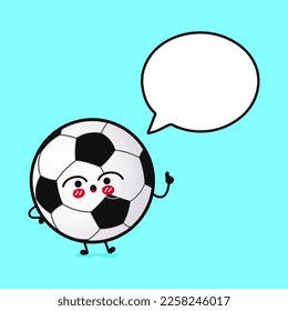 Frisch lustiger Fußball-Ball mit Sprachblase. Vektorhandgezeichnete Cartoons kawaii Zeichentricksymbol. Einzeln auf blauem Hintergrund. Fußball-Charakterkonzept