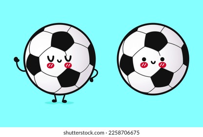 Cute lustige Fußball-Wellen Hand. Vektorhandgezeichnete Cartoons kawaii Zeichentricksymbol. Einzeln auf blauem Hintergrund. Fußball-Charakterkonzept