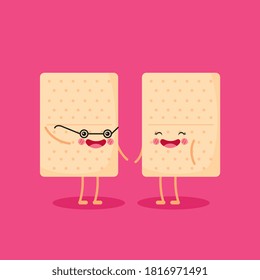 galletas de soda lindas y divertidas sonriendo. Personajes de Cartoon Kawaii. Aislado en un fondo rosado. ilustración vectorial