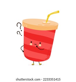Cute funny .Soda cup with question marks. Vector hand drawn cartoon kawaii character illustration icon. Isolated on white background. Soda cup think concept
