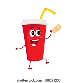 Cute and funny soda drink character in red paper cup with smiling human face, cartoon vector illustration isolated on white background. Smiling movie, cinema soft drink, beverage character, mascot