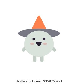 Cute funny sorcerer in hat Halloween kids cartoon character minimalist icon vector flat illustration. Happy magic wizard childish fantasy emoticon sorcery witchcraft mystic spell fairy smiling mascot