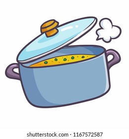 Cute and funny soup cooked in modern pan - vector