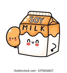 Cute funny soy milk box hold bean. Vector hand drawn cartoon kawaii character illustration icon. Isolated on white background. Soy milk paper box mascot character concept