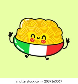 Cute funny Spaghetti character. Vector hand drawn cartoon kawaii character illustration icon. Isolated on blue background. Spaghetti character concept