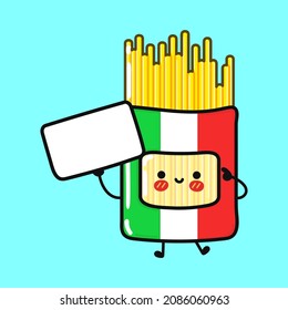 Cute funny Spaghetti with poster. Vector hand drawn cartoon kawaii character illustration icon. Isolated on blue background. Spaghetti think concept