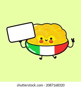 Cute funny Spaghetti with poster. Vector hand drawn cartoon kawaii character illustration icon. Isolated on blue background. Spaghetti think concept