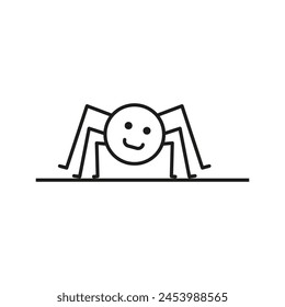 A cute funny spider crawls along a thin web. Outline and line style. Cartoon vector on white background.